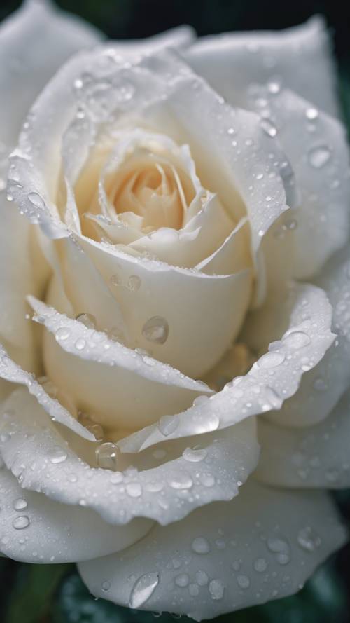 Tampilan jarak dekat dari mawar putih yang sedang mekar penuh, tetesan air menggantung di salah satu kelopaknya.