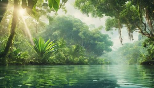 Bujna zieleń lasów deszczowych Amazonii przedstawiona akwarelą.