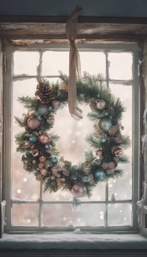 Ein rustikaler Weihnachtskranz mit pastellfarbenen Ornamenten hängt an einem frostigen Fenster.