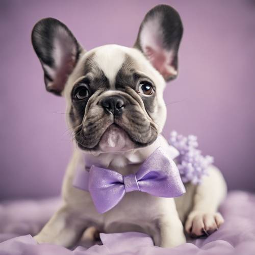 Um lindo cachorrinho Bulldog Francês com uma adorável gravata borboleta lilás no pescoço.