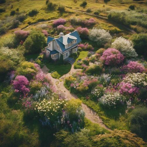 Una vista aerea di un tranquillo cottage primaverile immerso in un mare di fiori selvatici vivaci sotto il sole.