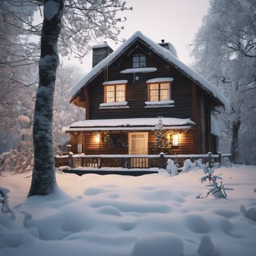 A quiet wintry scene of a cottage nestled snugly amidst snow-covered trees, lights twinkling warmly from within.