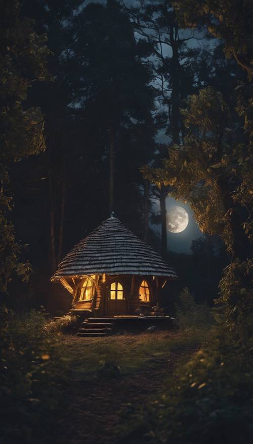 Chatka czarownicy położona w blasku pełni księżyca, otoczona ciemnym, tajemniczym lasem.