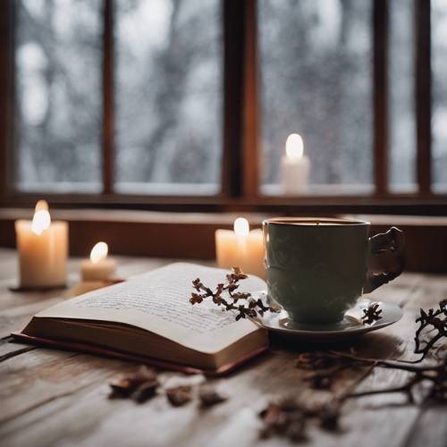 A winter still life featuring a classic novel, a cup of tea, and a candle on a wooden table.