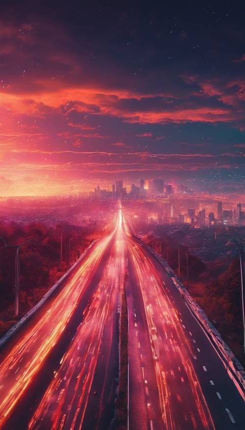 An endless digital highway stretching into a fluorescent sunset. Tapeta [8b82060e9bf84a51a2ab]