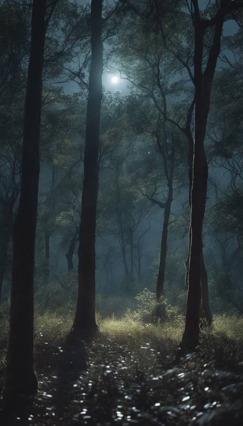 A serene forest bathed in the cool light of a full moon.
