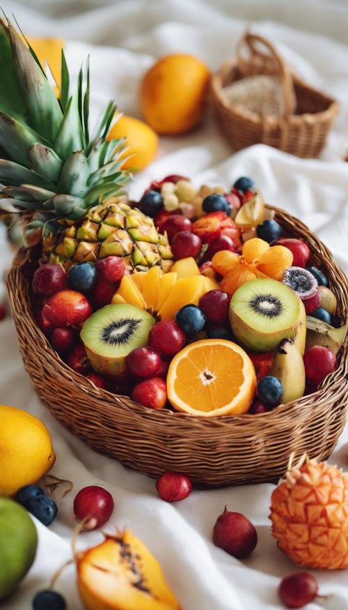 An exploding tropical fruit assortment in a wicker basket on a white tablecloth. Tapet [3e9b5dbb6e284df4a2c6]