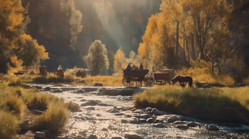 Colorful Western collage with images of a river crossing, gold-panning in a mountain stream, and a wagon train heading out into the wild. Tapet [a51f42d7644247afbb1d]