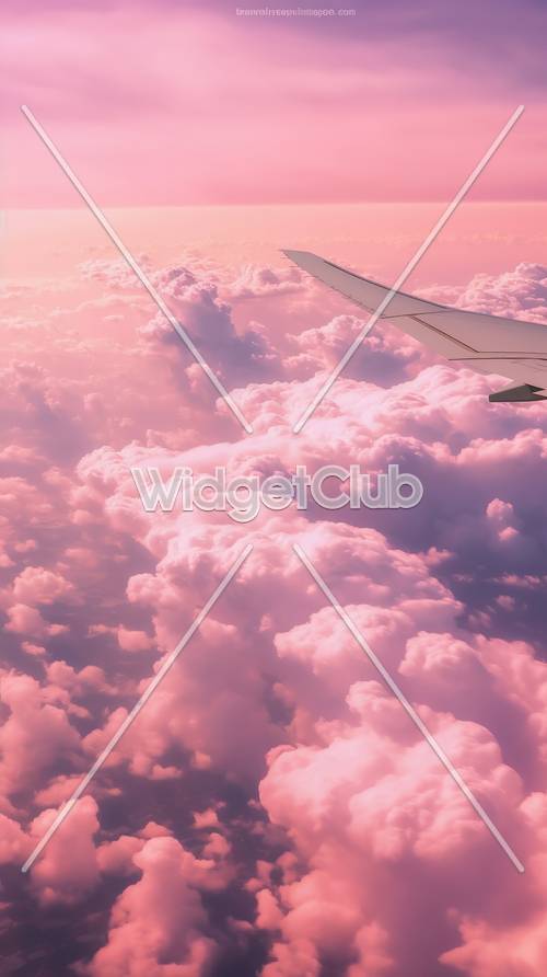 비행기 날개에서 본 핑크색 하늘과 구름