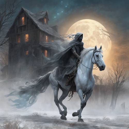 A specter horse carrying a ghostly rider, haunting a decrepit, abandoned village under a chilling moonlight.