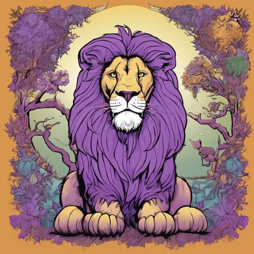 Un orgulloso león de dibujos animados de color púrpura que gobierna su reino de sabana.