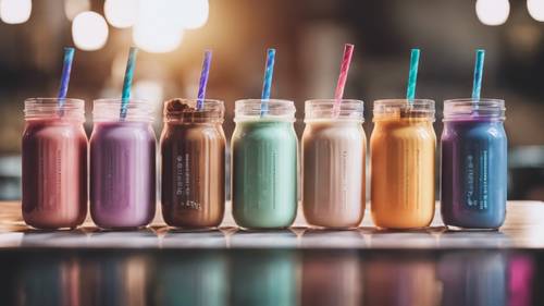 Colorful protein shakes in a row ready for post workout recovery. Tapet [34c9adb35c814e91a731]