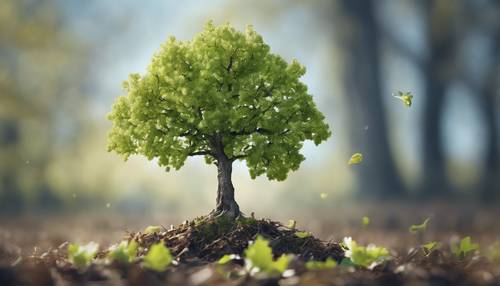 A single, towering oak beginning to sprout fresh leaves, celebrating the budding transition from winter to spring.