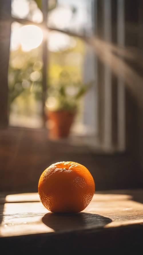 A small orange sitting on a wooden table with sunlight streaming in from a nearby window. Tapeta na zeď [e7feb446c27e47068940]