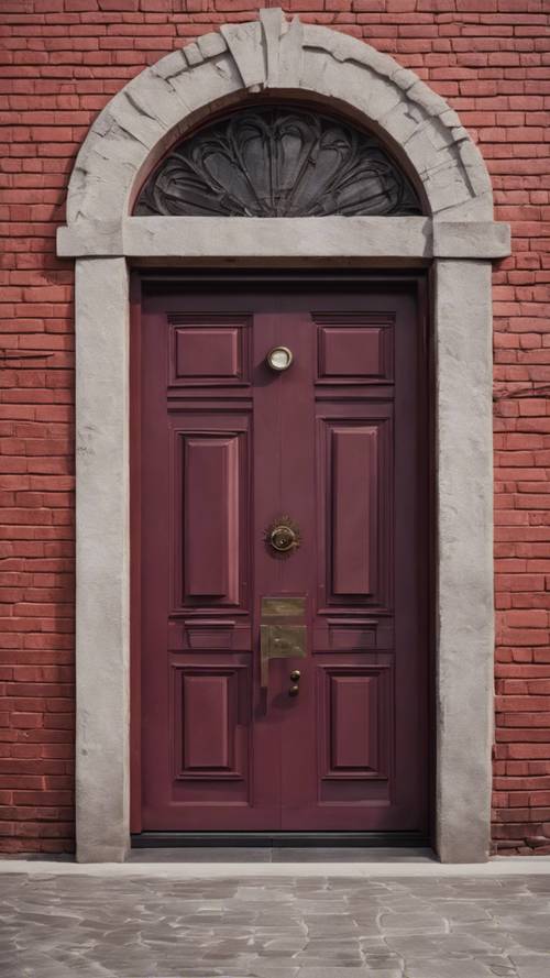 A cool maroon colored door set against a white painted brick wall with a bronze doorknob.