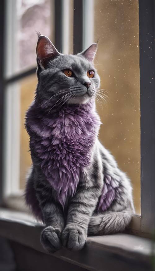 Fioletowy kot z marmurkowym futrem, siedzący przy oknie. Tapeta [947311d172fa48e48a1d]