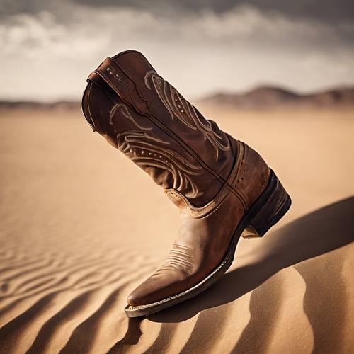 حذاء رعاة البقر من الجلد البني المتين يركل الغبار في الصحراء.