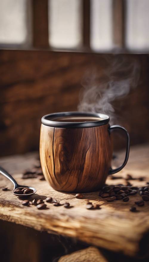 ספל קפה מעץ בעבודת יד על שולחן עץ כפרי, מלא בקפה חם מהביל.