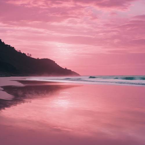 Una tranquila playa minimalista de color rosa al atardecer