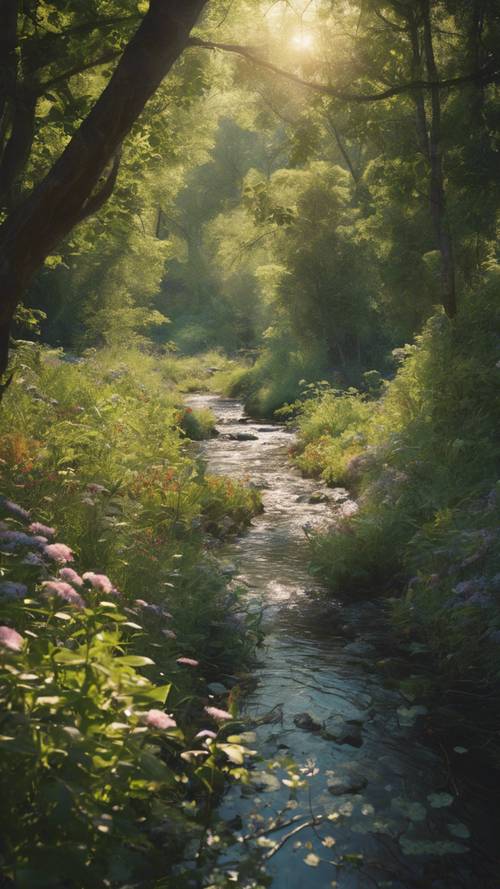 Un petit ruisseau paisible qui coule à travers une clairière isolée, avec des fleurs sauvages qui fleurissent le long des berges et la lumière du soleil filtrant à travers les feuilles au-dessus.