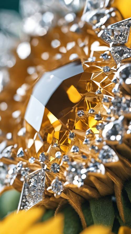 Un diamante color champagne circondato da diamanti bianchi più piccoli a forma di girasole.