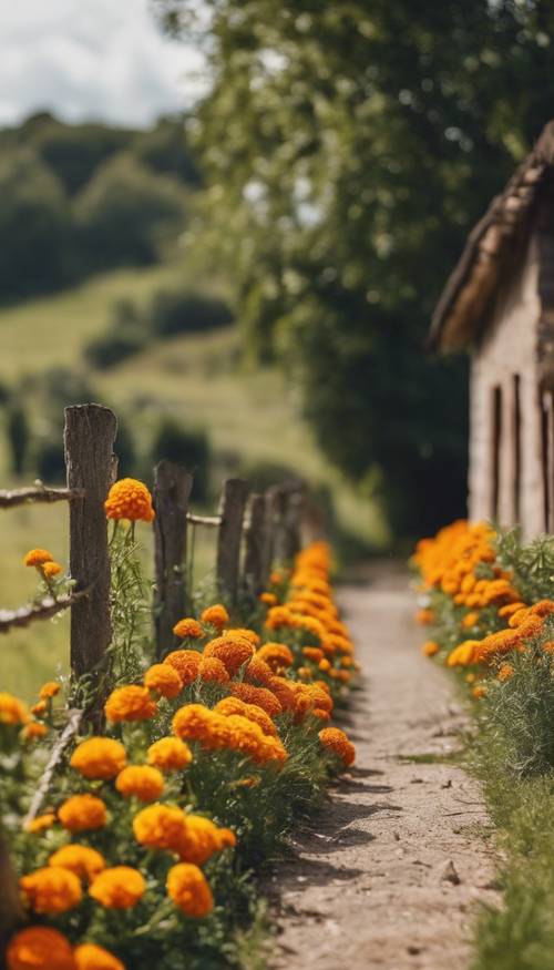 Une rangée de soucis lumineux formant une clôture naturelle autour d&#39;un chalet de campagne.