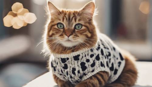 Eine entzückende, lustige Katze, die einen kuscheligen Pullover mit Kuhmuster trägt.