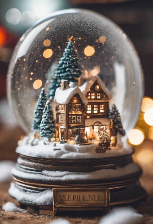 A charming snow globe with a miniature Christmas town scene inside.