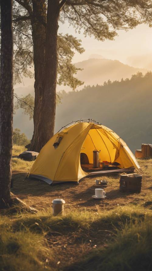 A misty morning on a camping site. A yellow tent stands alone on a hill, an adventurer pouring a cup of coffee while enjoying the first light of day.