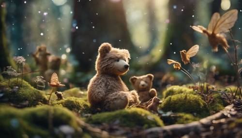 Một khung cảnh rừng đầy mê hoặc với những nàng tiên đang vui đùa quanh một chú gấu yên bình.