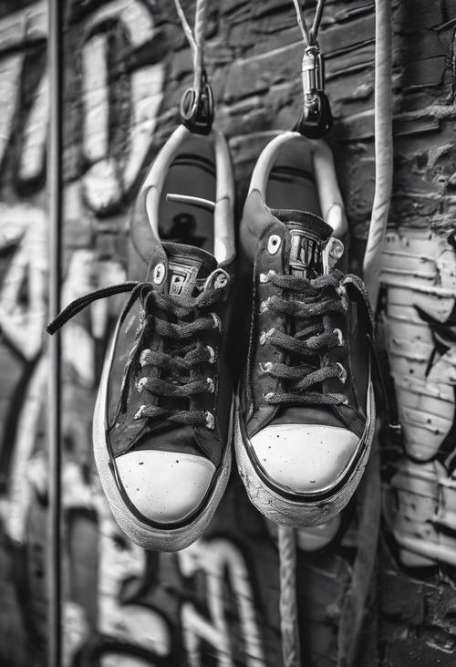 Scarpe da ginnastica vintage in bianco e nero appese ai lacci, con un muro di graffiti sullo sfondo.