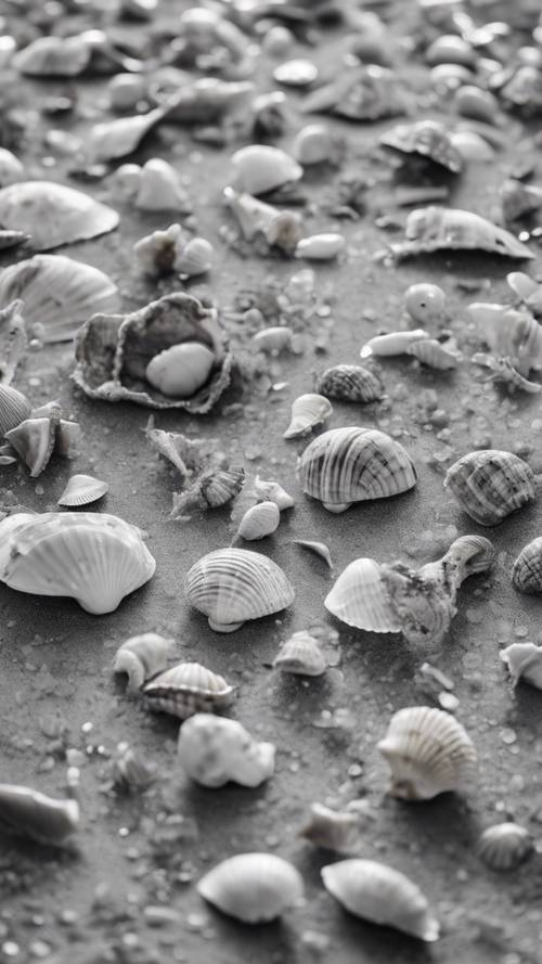 A grayscale world map art formed by carefully arranged seashells on a beach.