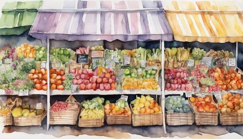 Lukisan cat air dari pasar petani dengan rangkaian produk segar dan bunga.