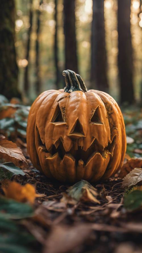 An aesthetic mystical pumpkin with a soft glow inside, sitting on a leafy forest floor