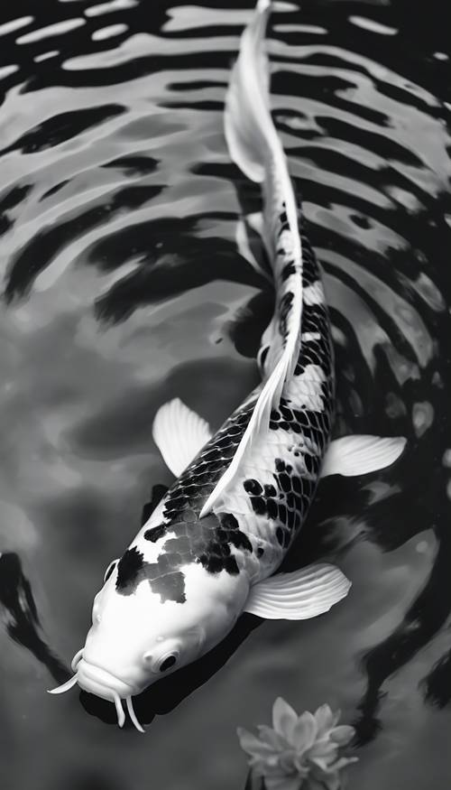 Seekor ikan koi hitam putih yang anggun berenang dengan anggun sendirian di kolam Jepang yang damai.