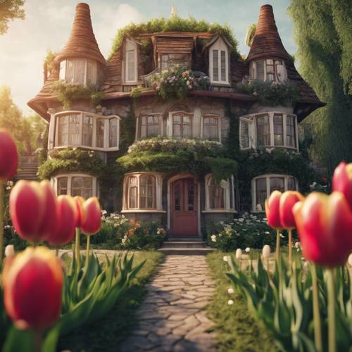 Sebuah adegan dari dongeng yang menampilkan rumah tulip dengan batang dan daun.