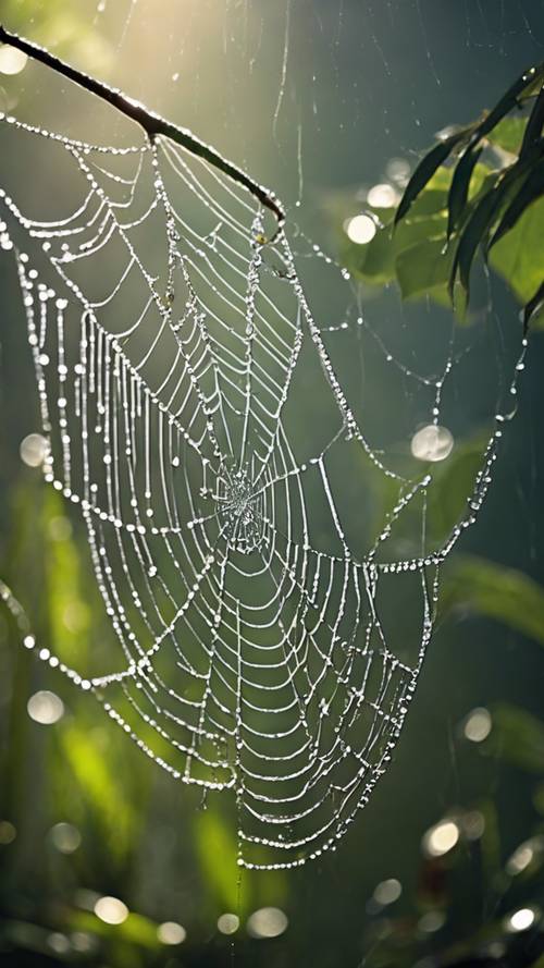 Ein kompliziertes Spinnennetz, das im Morgenlicht des Regenwaldes vom Tau glitzert.