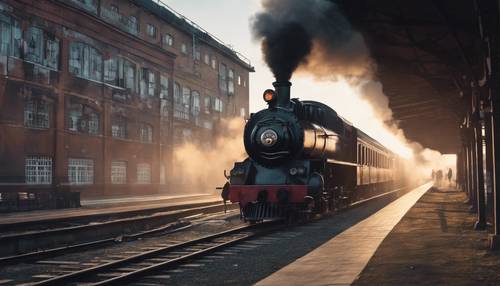 Un vecchio treno nero d&#39;epoca che esce a vapore da una stazione ferroviaria al crepuscolo.