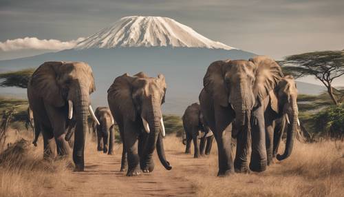 A group of elephants walking majestically against the backdrop of Mount Kilimanjaro.