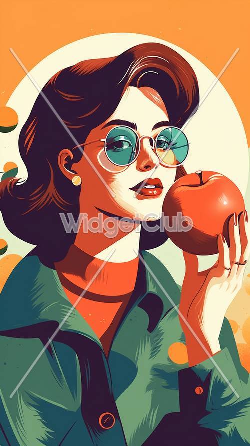 Красочная девушка в винтажном стиле с яблоком