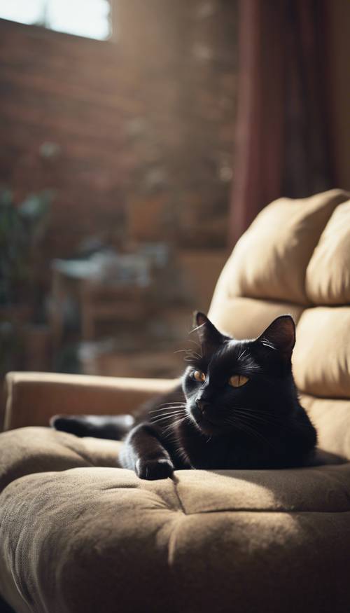 Seekor kucing hitam tua tertidur di kursi yang nyaman. Wallpaper [798ac255255942938fe2]