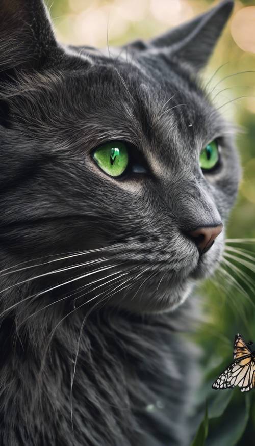 Primo piano di un gatto grigio scuro con luminosi occhi verdi che fissa intensamente una farfalla che svolazza.