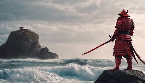 Une œuvre d&#39;art représentant un samouraï rouge avec des motifs de dragon sur son armure, debout près d&#39;une falaise contre les vagues déferlantes.