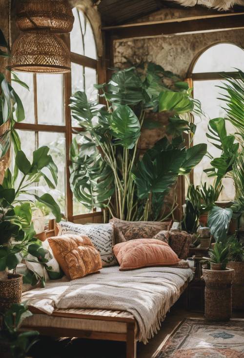 Pokój inspirowany stylem boho z tropikalnymi roślinami w pomieszczeniach i poduszkami w stylu vintage.