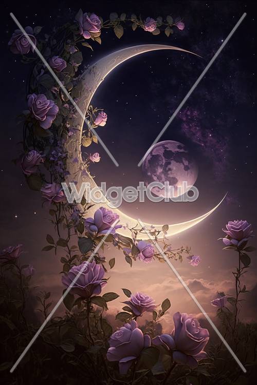 Jardín de rosas iluminado por la luna en el cielo nocturno