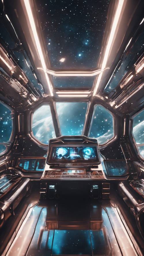 O interior futurista de uma nave espacial, com superfícies metálicas brilhantes, iluminação ambiente fresca e uma grande janela de visualização com vista para uma galáxia distante.