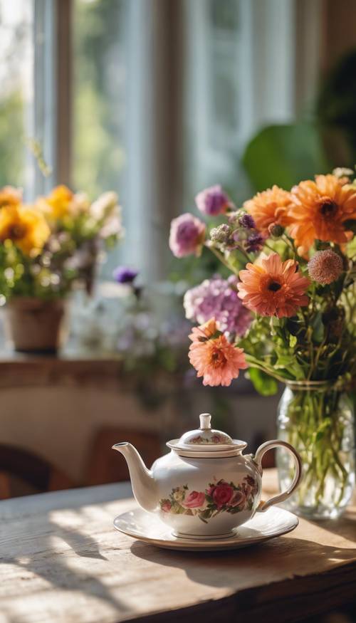 إبريق شاي لذيذ على طاولة مطبخ مع باقة نابضة بالحياة من زهور الحديقة في الخلفية.