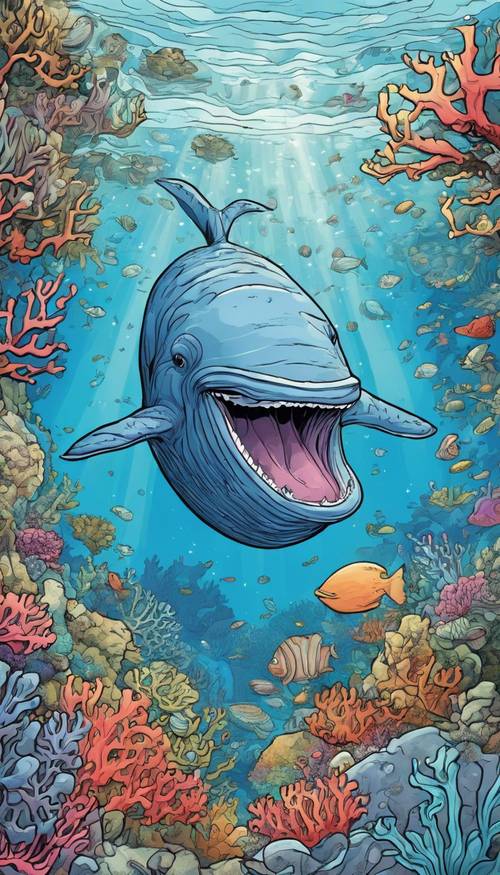 Seekor paus kartun biru bermata lebar dan tersenyum berenang dengan gembira melalui terumbu karang yang hidup.