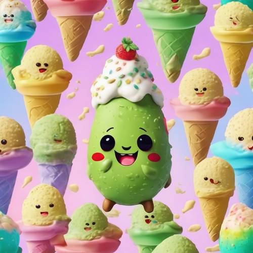 Un adorable avocat kawaii savourant une boule de glace au goût arc-en-ciel.