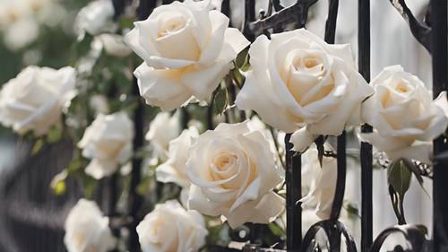 Rosas brancas delicadamente enroladas em um portão de ferro forjado vintage.